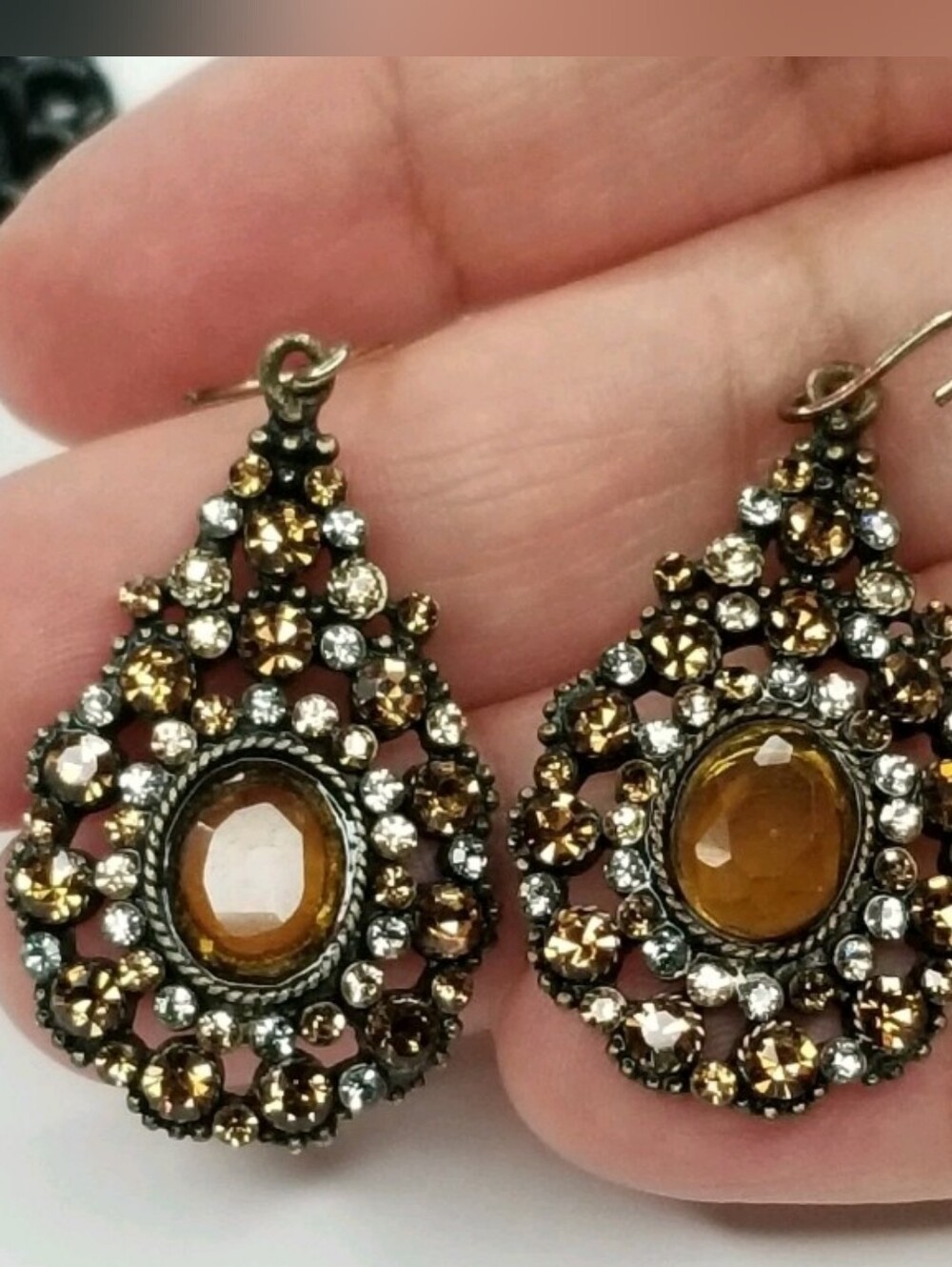 Vintage Monet Amber Crystal Teardrop Earrings - Women Jewelry